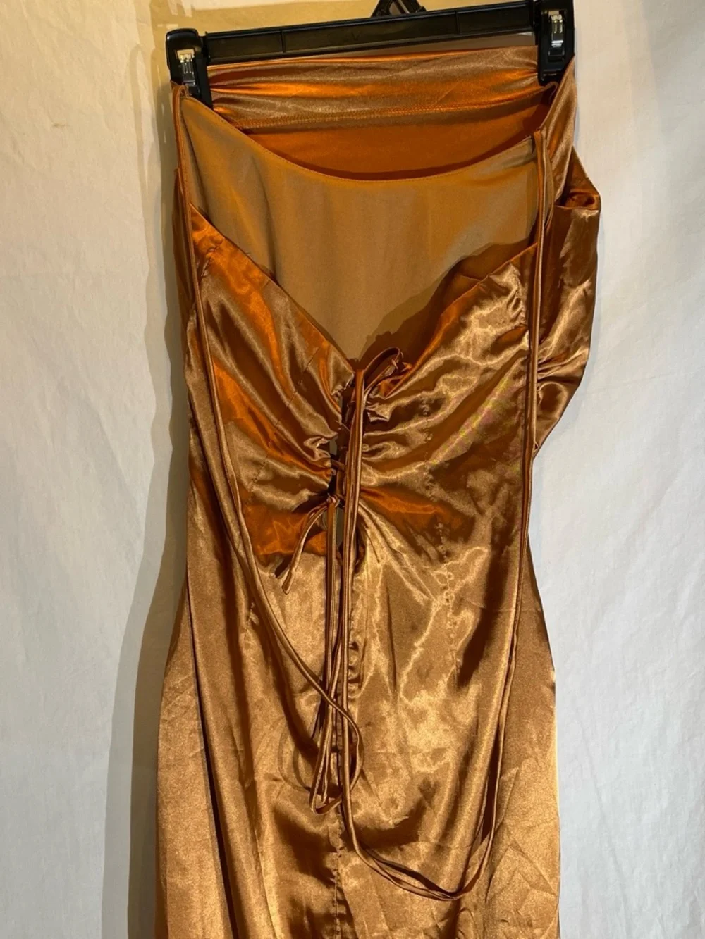 Angel Copper Satin Maxi Dress with Ruched Front